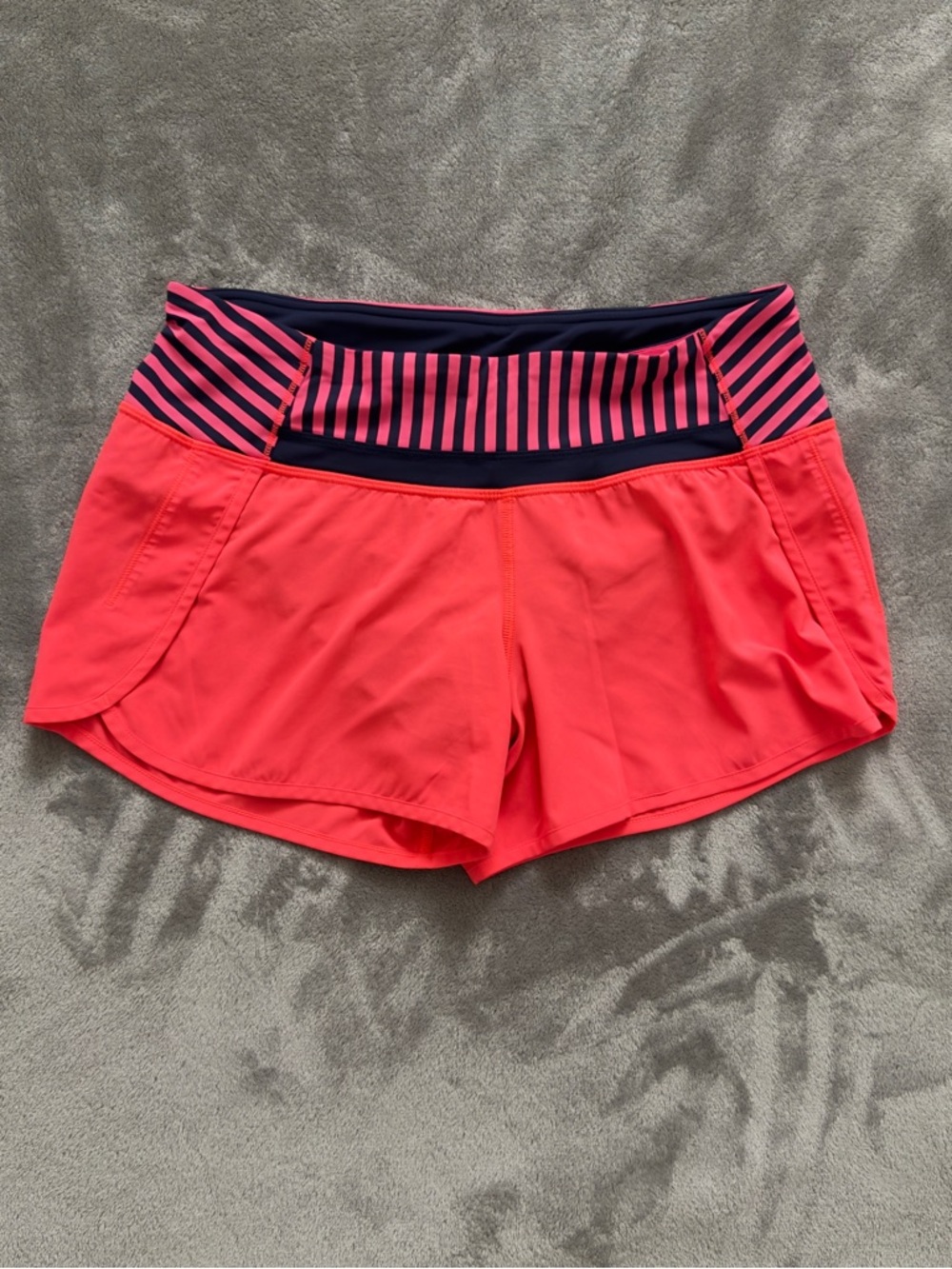 LULULEMON for Women Striped Waistband Athletic Shorts in Neon Coral and Navy